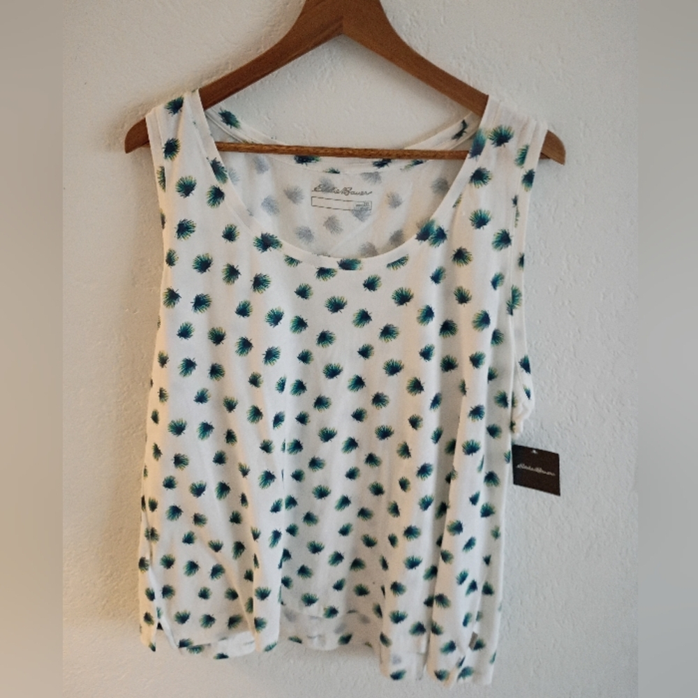 Eddie Bauer White Tank Top with Blue and Green Pattern